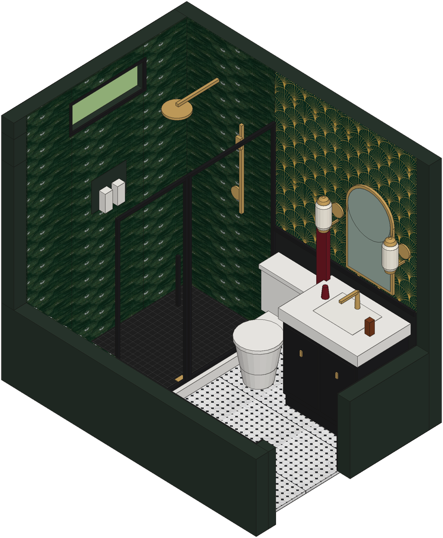 Guest bath cutaway drawing: Glass-front shower under the transom, with the toilet and vanity along one wall and all three patterns in view.