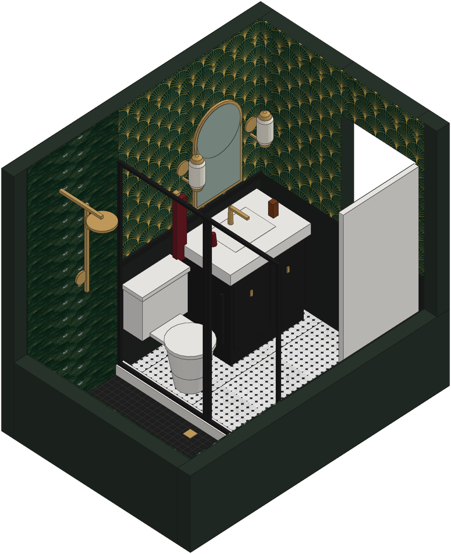 Guest bath cutaway drawing: Arched brass mirror and milk glass sconces over the vanity, with the door opening onto the octagon floor.
