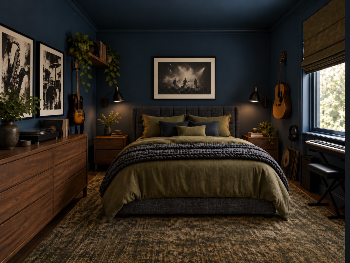 Navy bedroom with an olive linen bed, walnut dresser, wall-mounted guitars and keyboard under the window