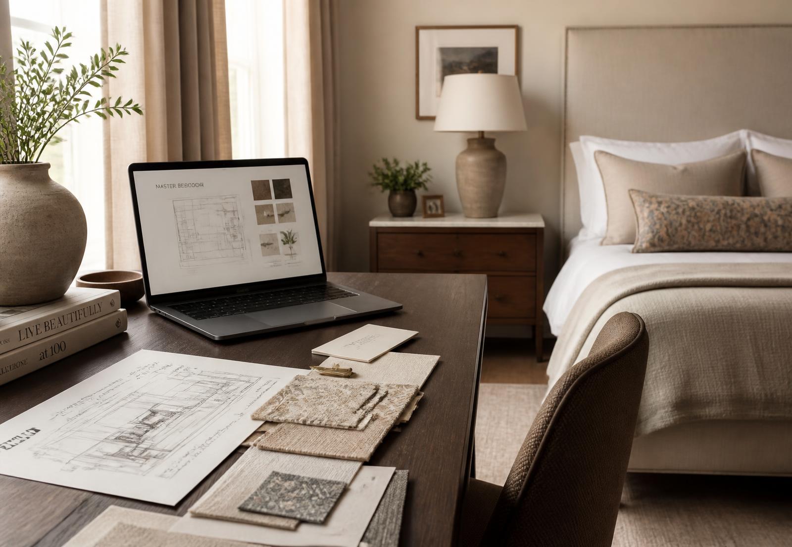 Design plans, samples, and elevations arranged on a work table