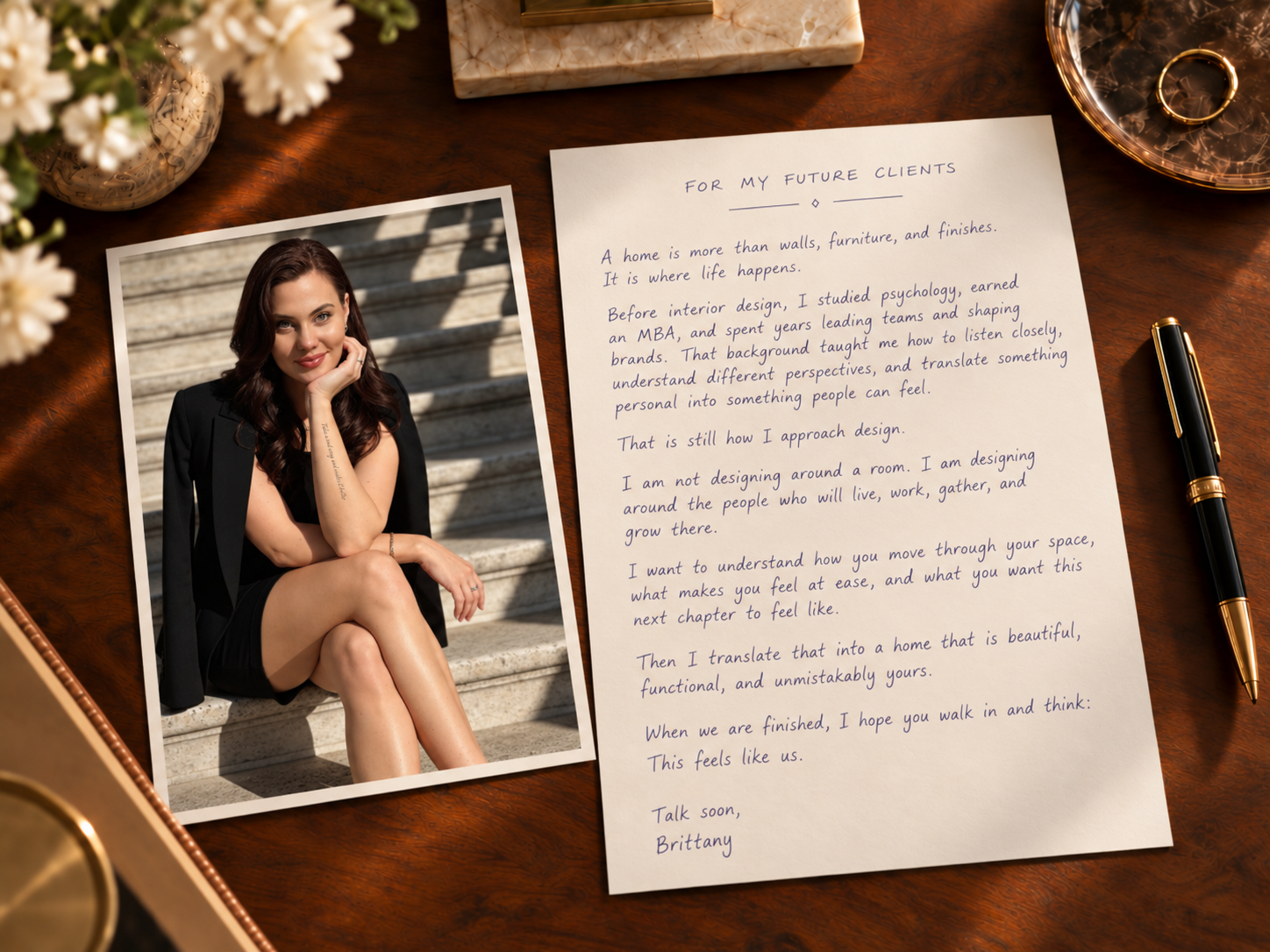 A handwritten letter to future clients beside a portrait of Brittany Filori on a wooden desk