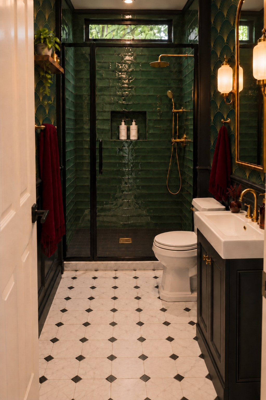 Art deco guest bath with emerald shower tile, green and gold fan wallpaper, brass fixtures and marble octagon flooring