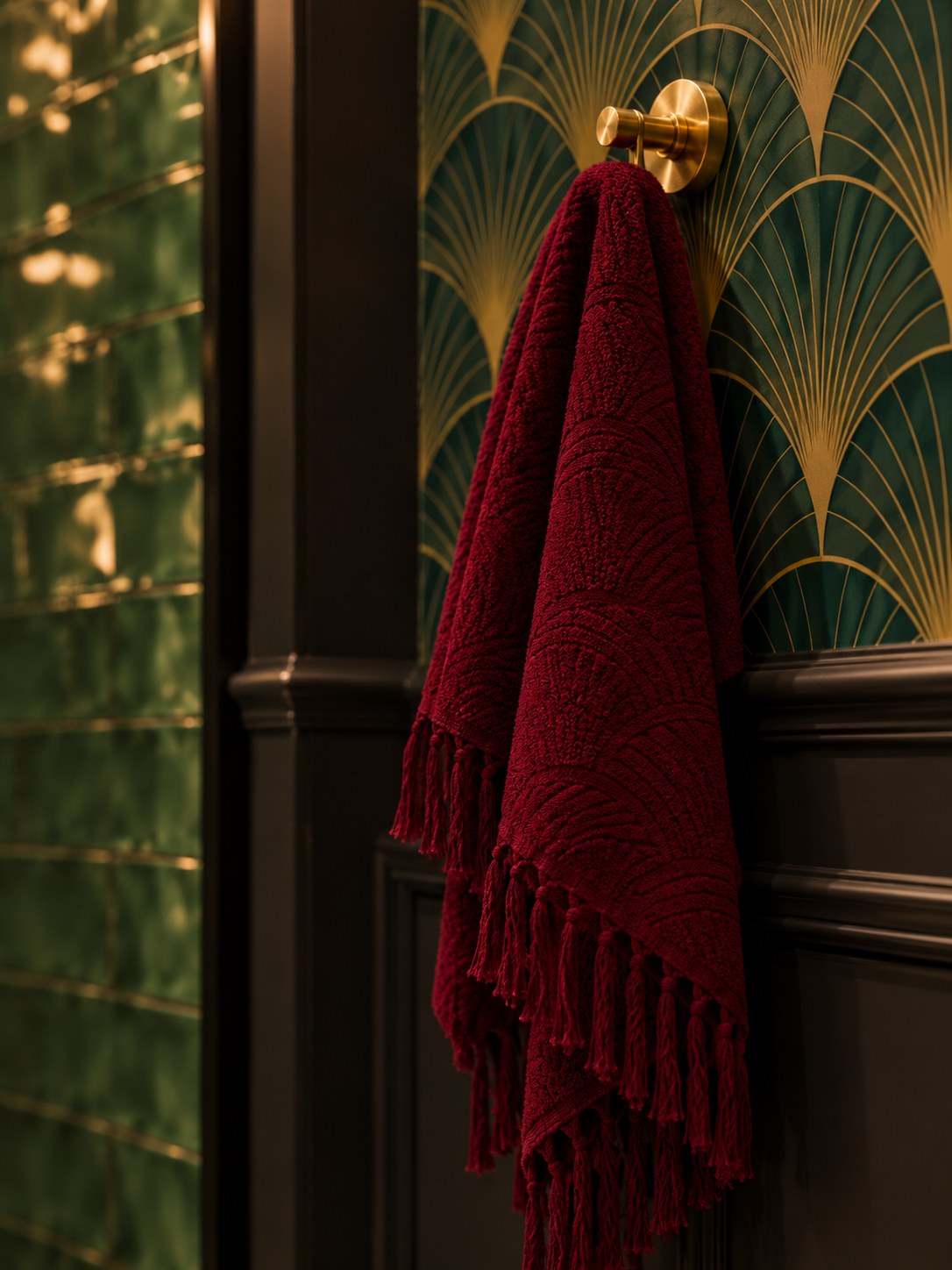 A fringed burgundy towel against the wainscot and wallpaper.