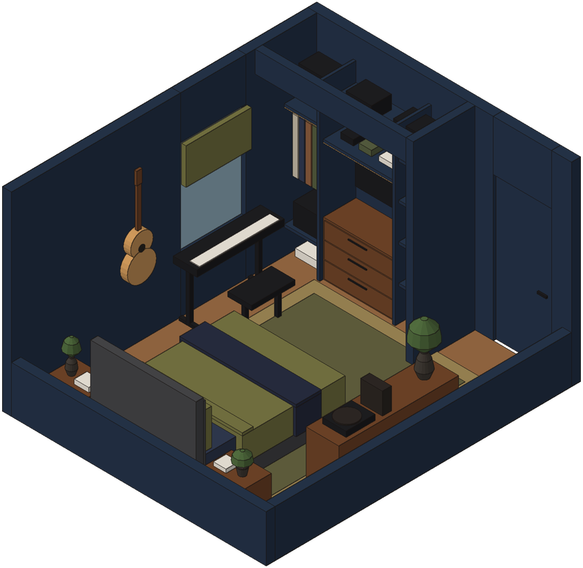 Bedroom cutaway drawing: The former closet rebuilt with hanging, a walnut console, TV and record shelves beside the door.
