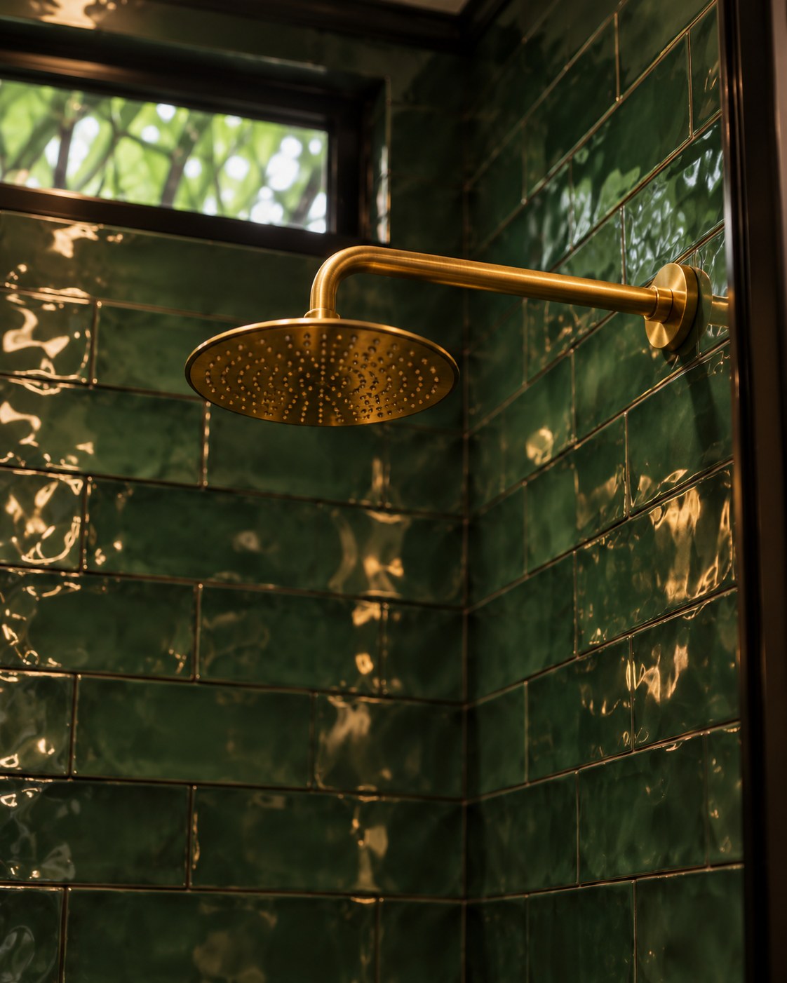 Brushed brass rain head on handmade tile, lit by the transom.