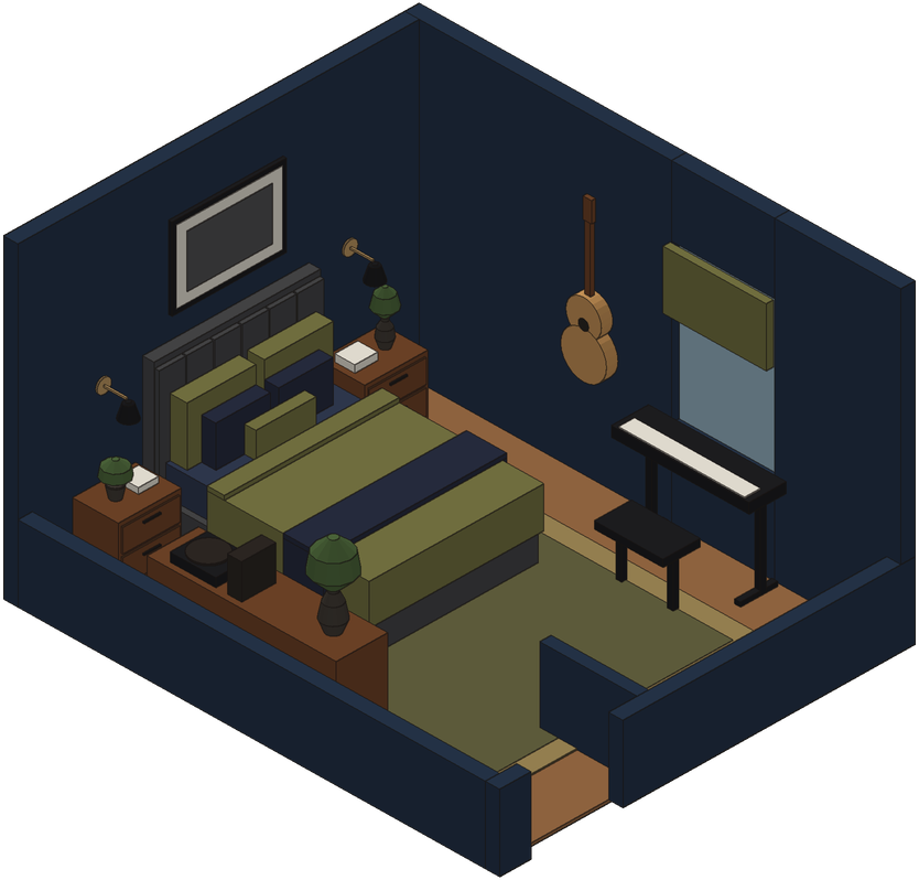 Bedroom cutaway drawing: Bed centered on the far wall, keyboard under the window, dresser along the entry side.