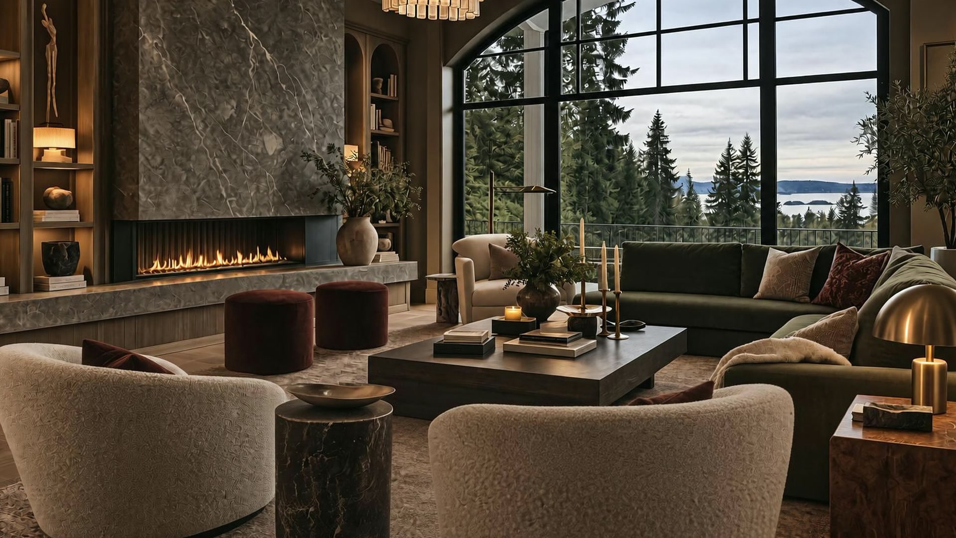 Warm, lamplit living room at dusk