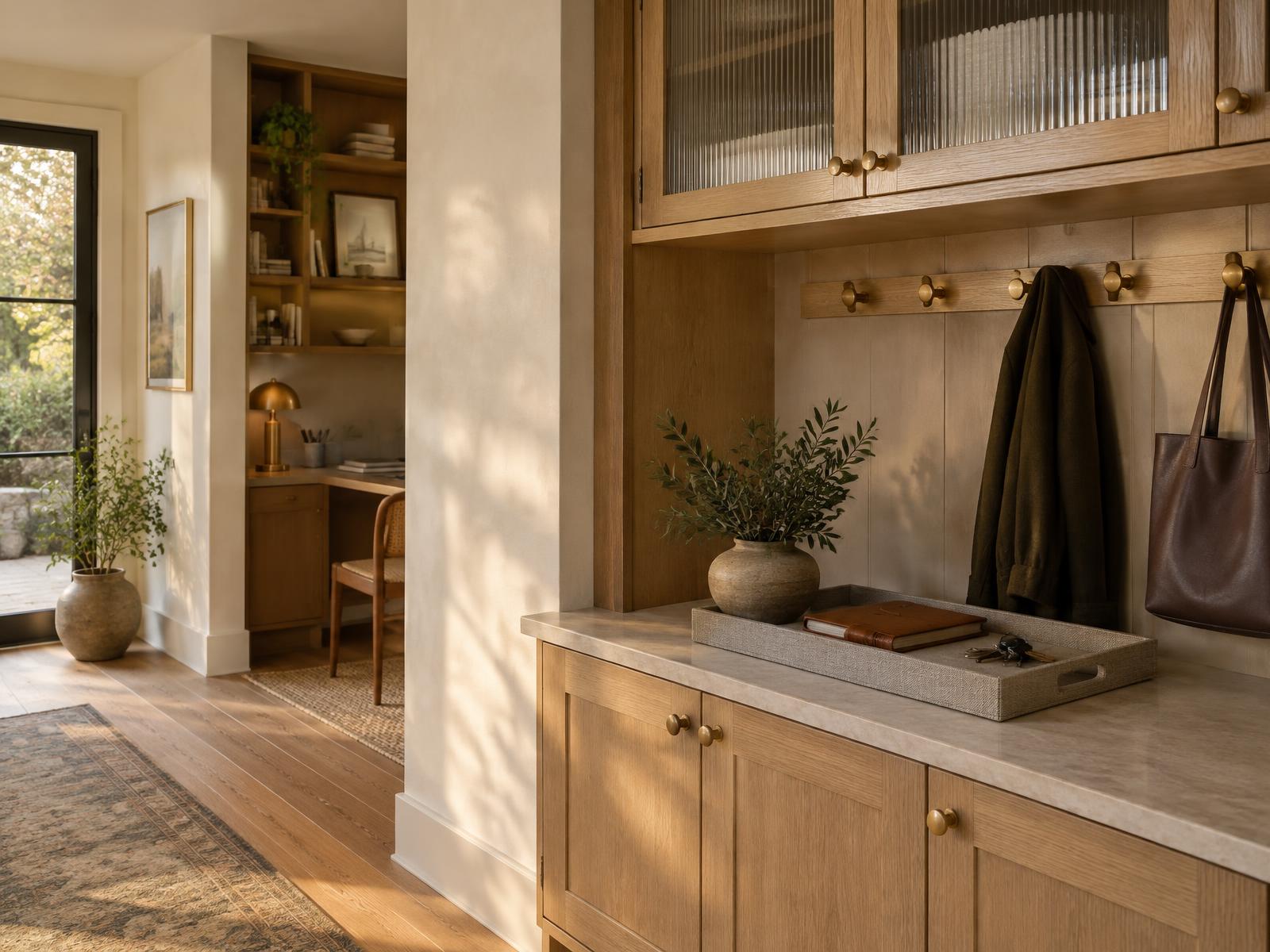 Calm white oak entry with ribbed glass cabinets, brass hooks, and a single landing tray for keys and a notebook.