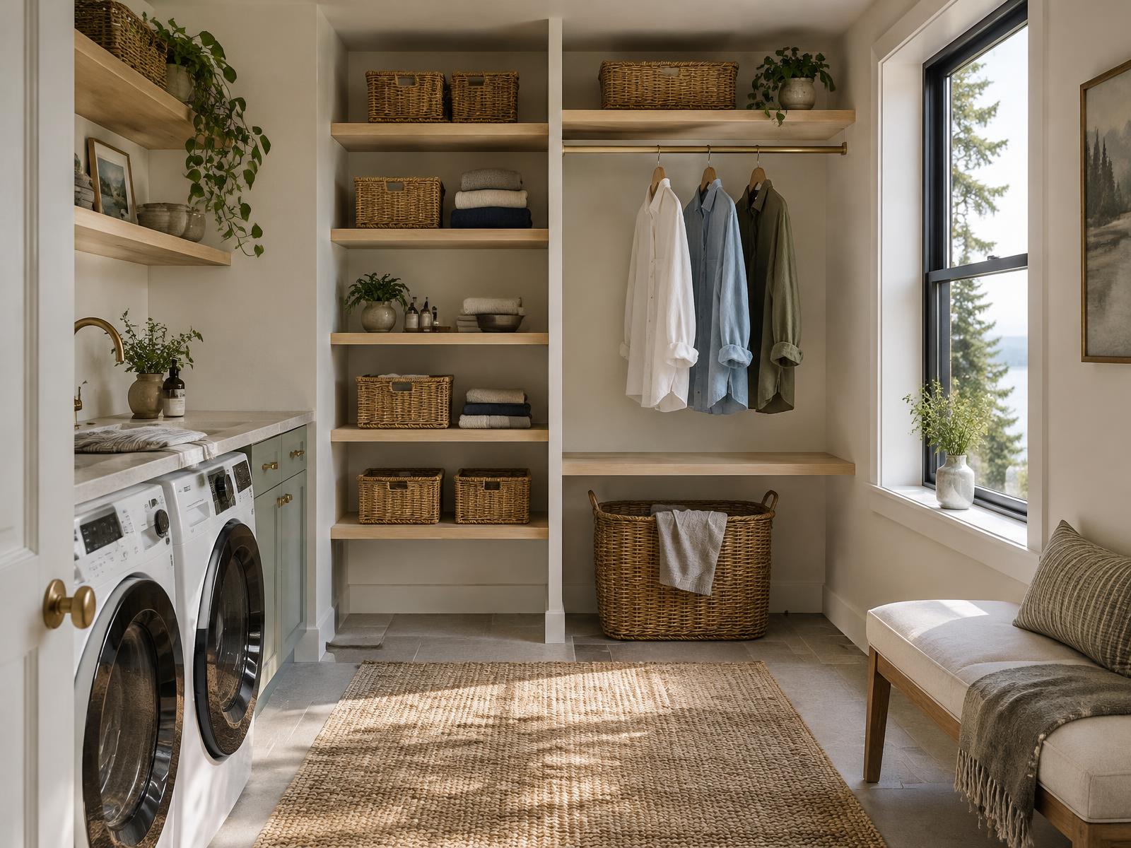 Daylit laundry room with shallow oak shelves, woven baskets, an accessible hamper, a hanging rail, and an upholstered bench.