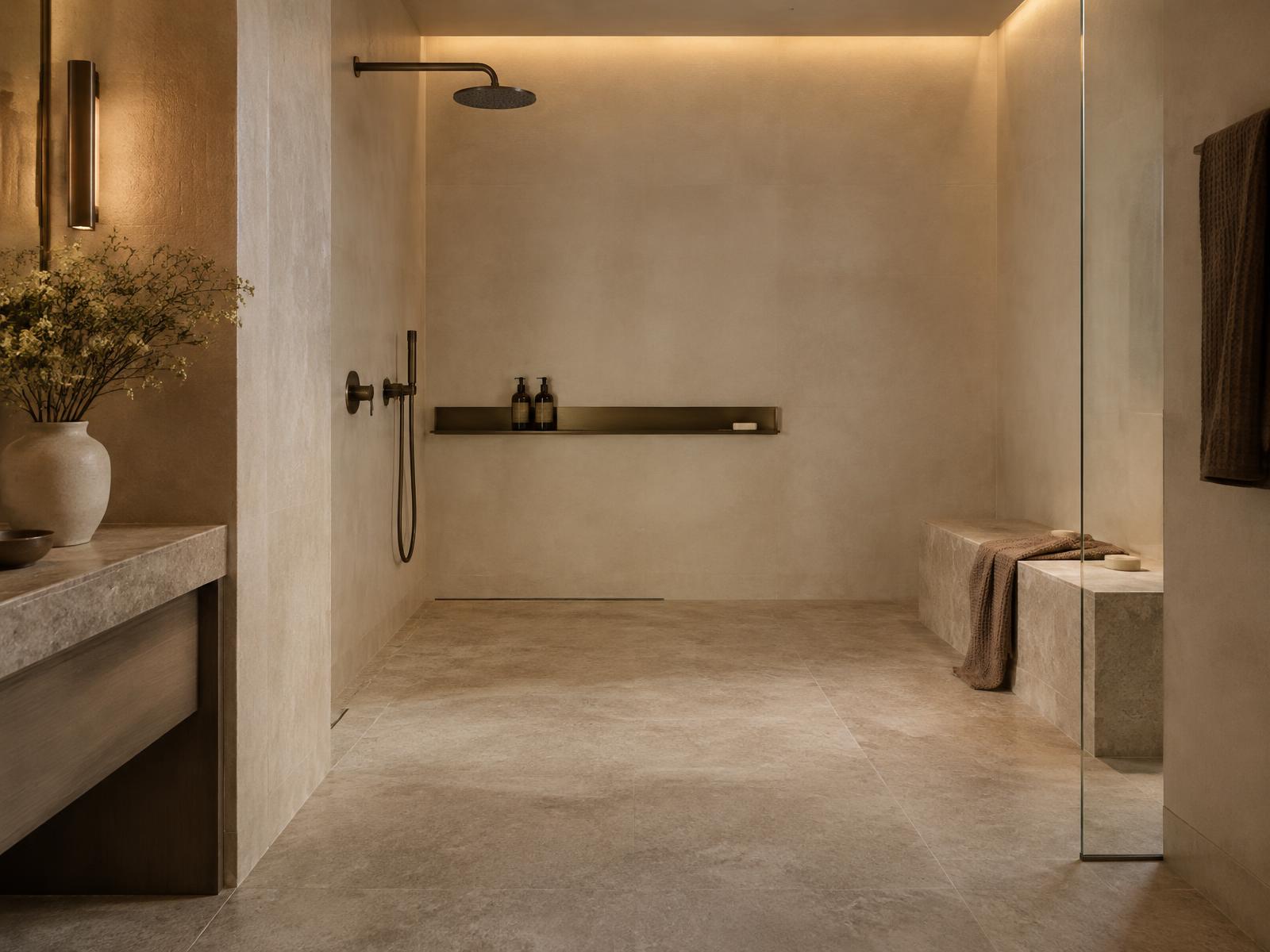 Curbless walk-in shower with a continuous honed limestone floor, a built-in stone bench, a bronze ledge, and soft cove lighting.