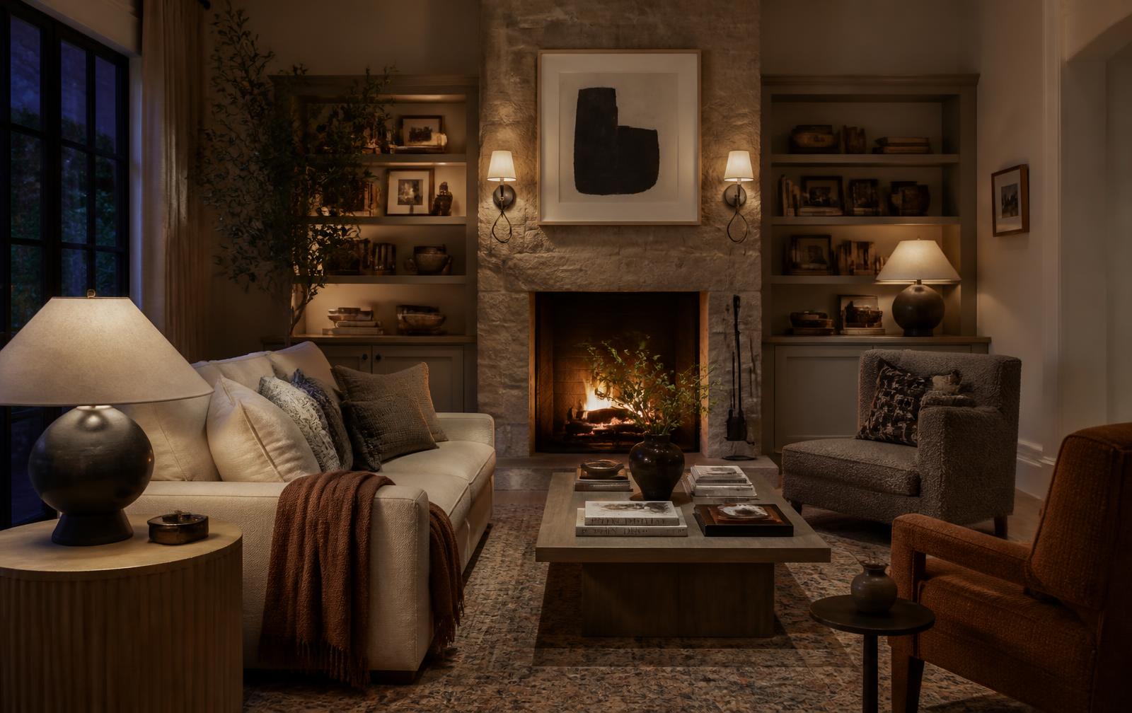 Warm living room with layered upholstery, wood, stone, lighting and collected decor.
