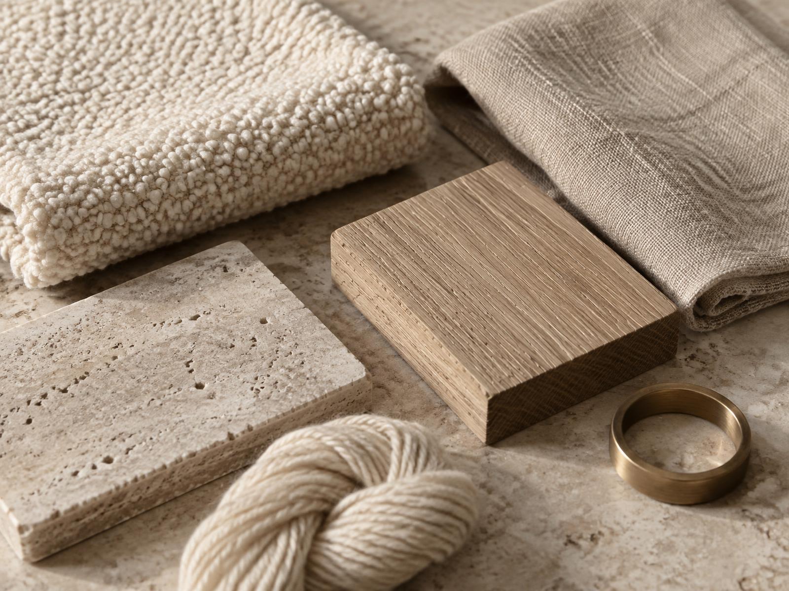 Honed travertine, ivory bouclé, oatmeal linen, a dark timber block, a brass ring and a skein of undyed wool laid on a limestone surface.