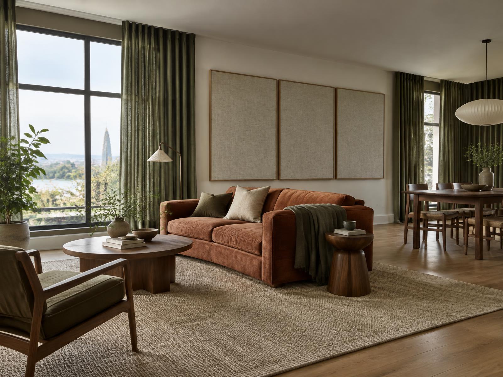 Living room with olive full-height curtains, a wool rug, a rust upholstered sofa, and three fabric-faced wall panels in oak frames.