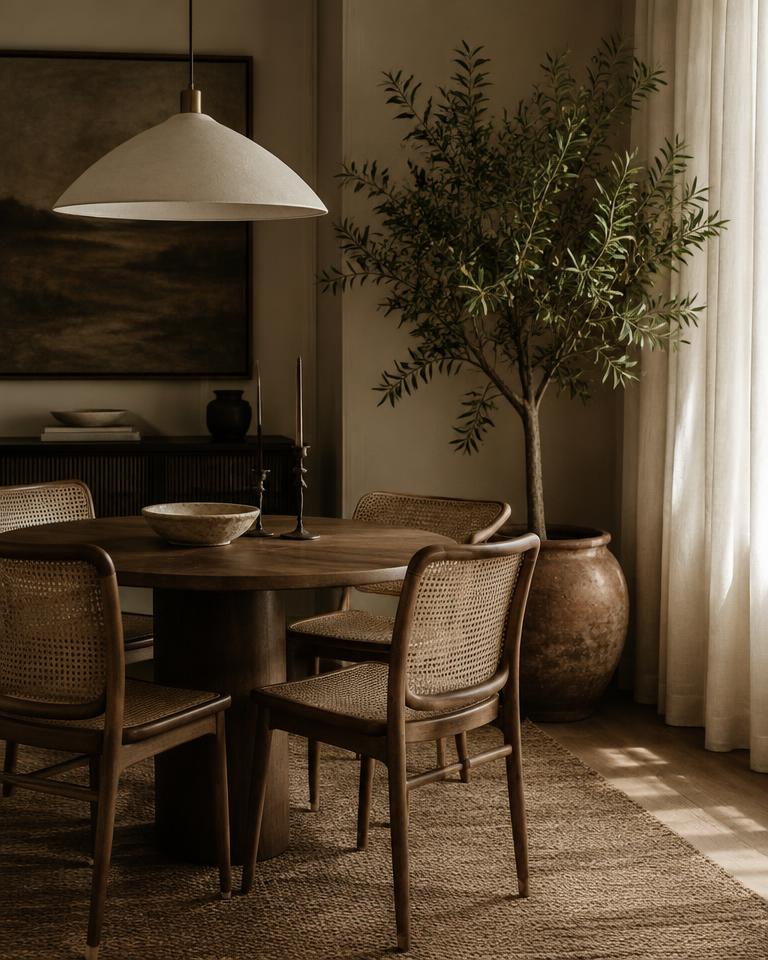 Dining nook with round wood table, cane chairs and an olive tree