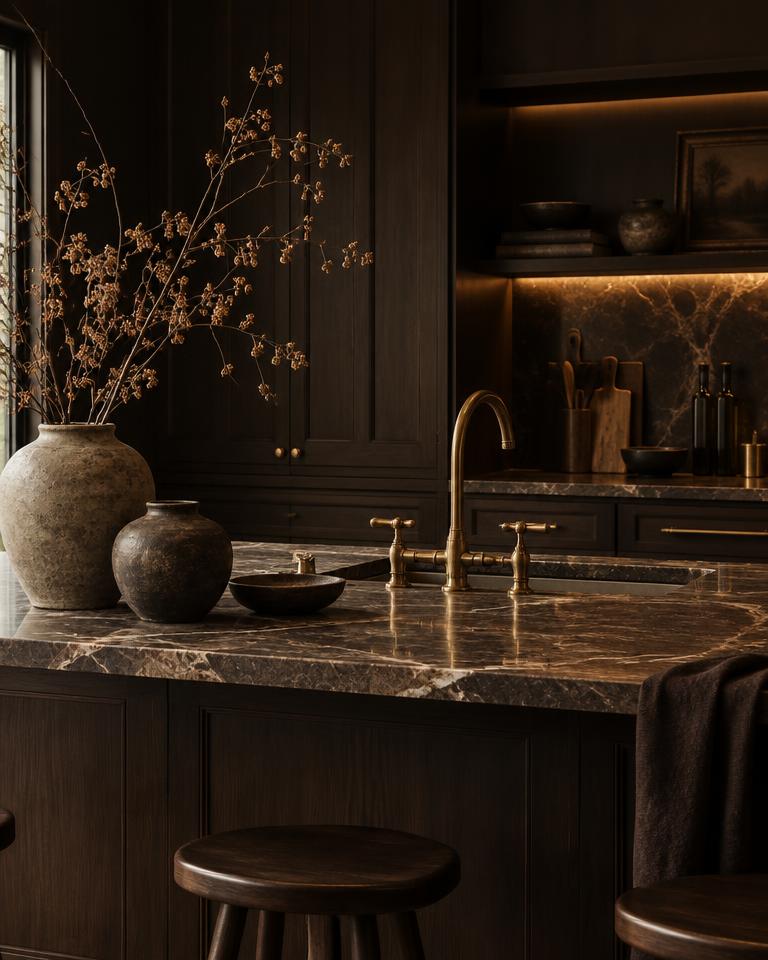 Dark chocolate kitchen with marble counters and aged brass fixtures