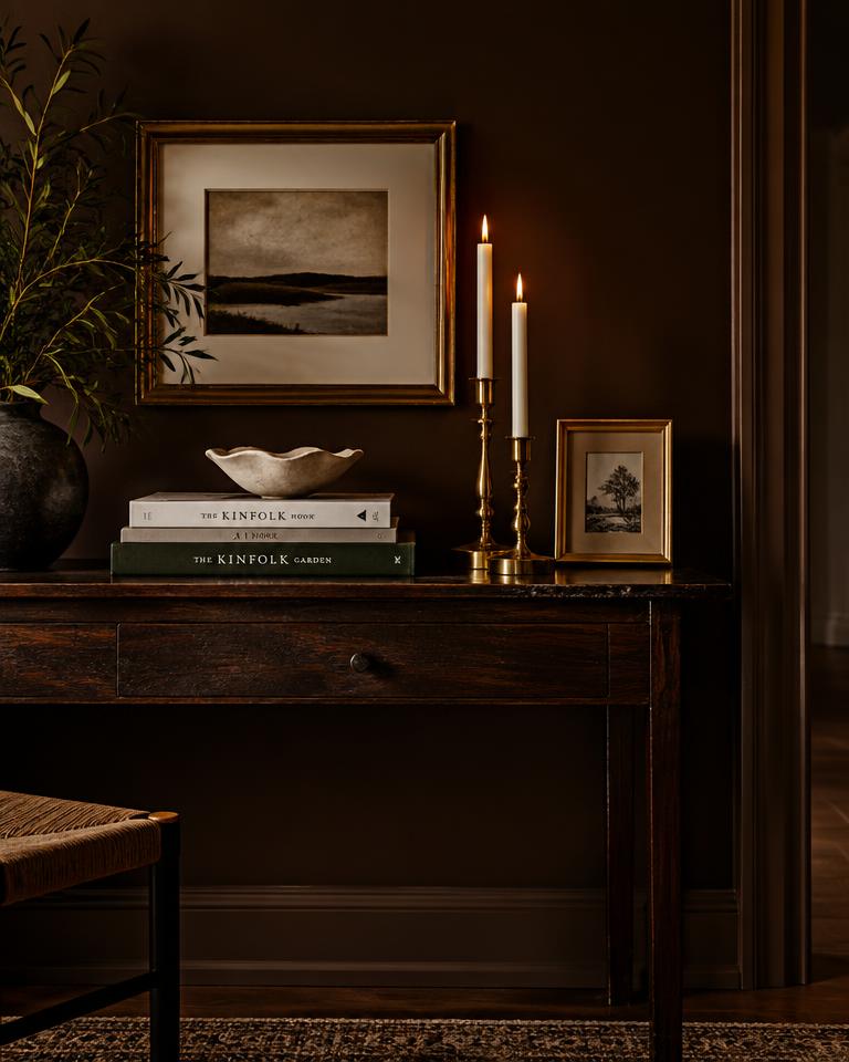 Styled console table with art books, brass candlesticks and framed art