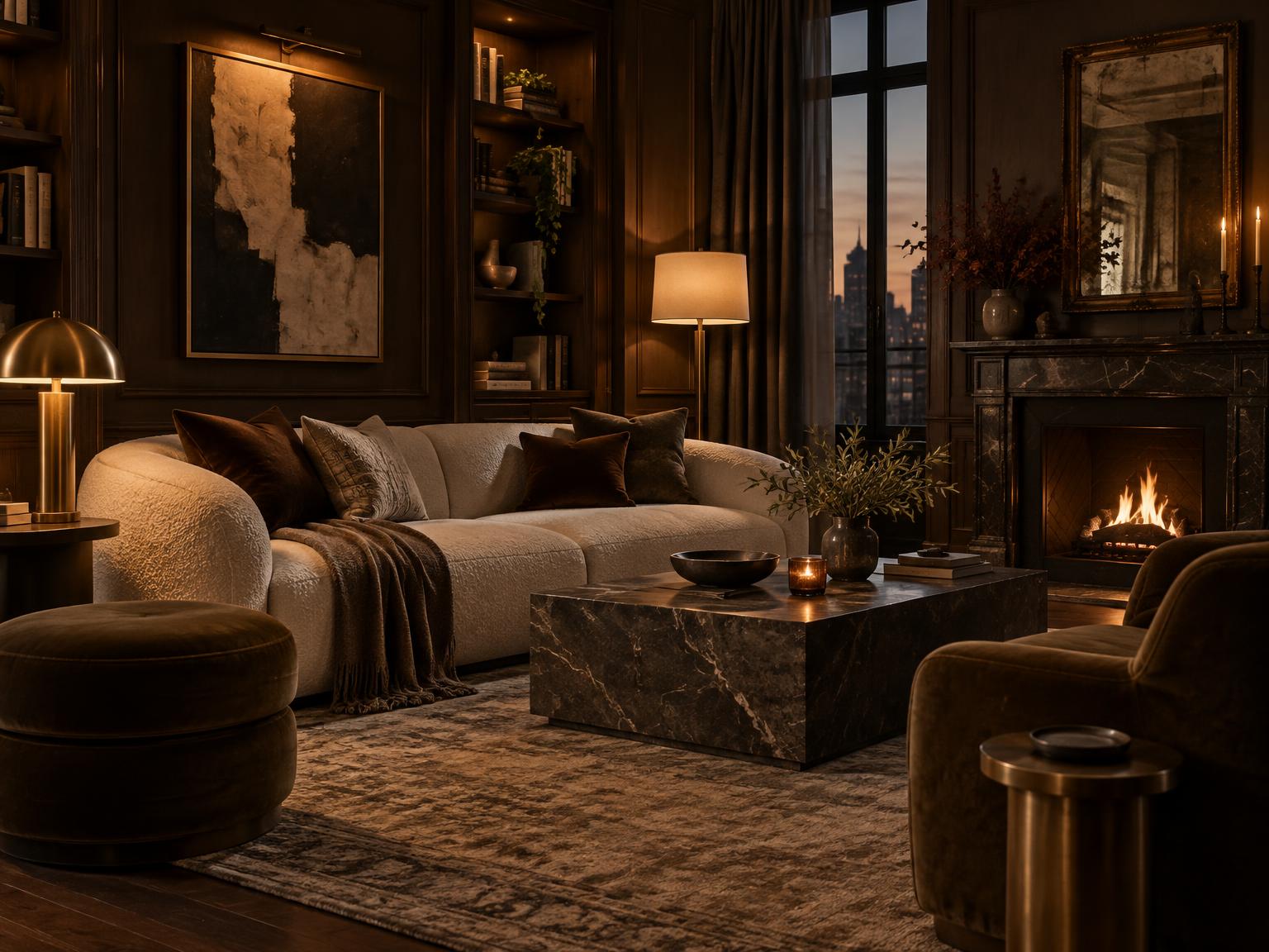 Completed moody living room in deep cocoa tones with cream upholstery and brass accents